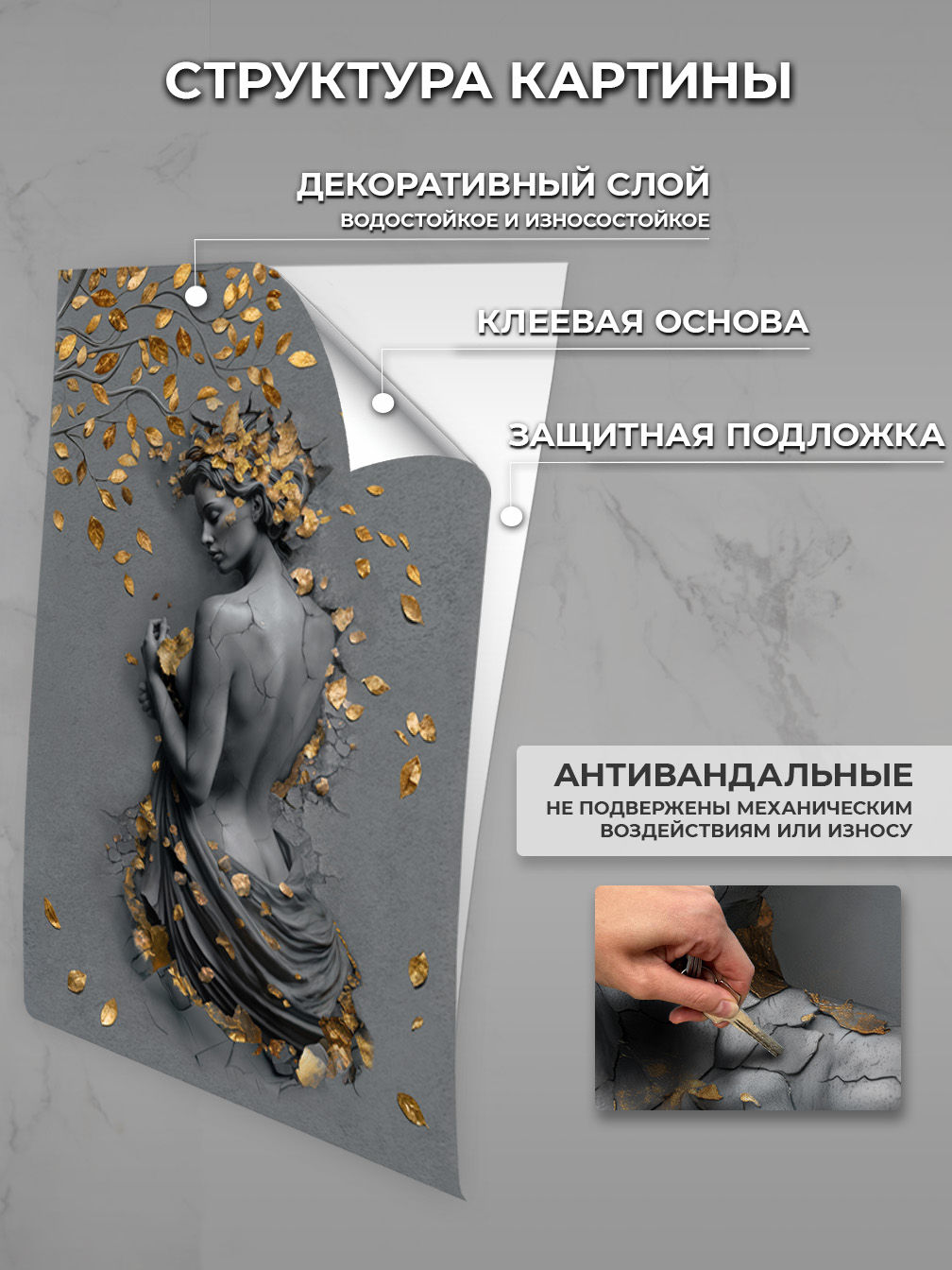 Интерьерные фактурные картины самоклеящиеся. Набор 3 шт