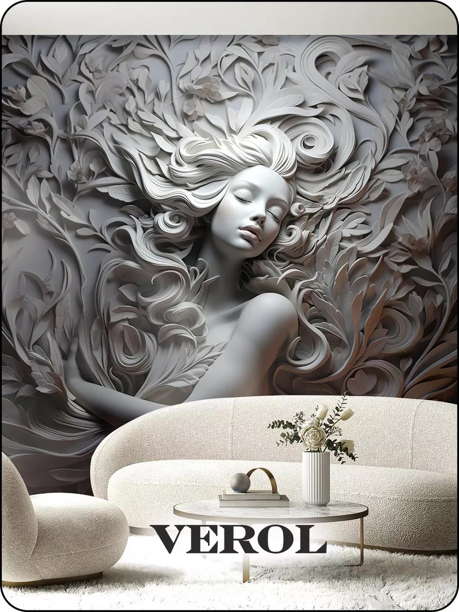 Флизелиновые фотообои "Барельеф. Девушка. Листья", 300*283 см, серый