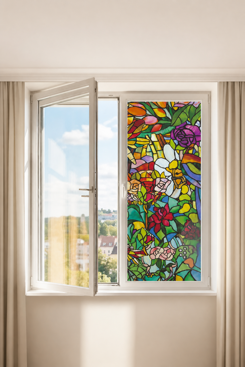 Самоклеящаяся пленка на окно "Витраж. Цветы. Бабочки. Птицы", 75*150 см, разноцветный
