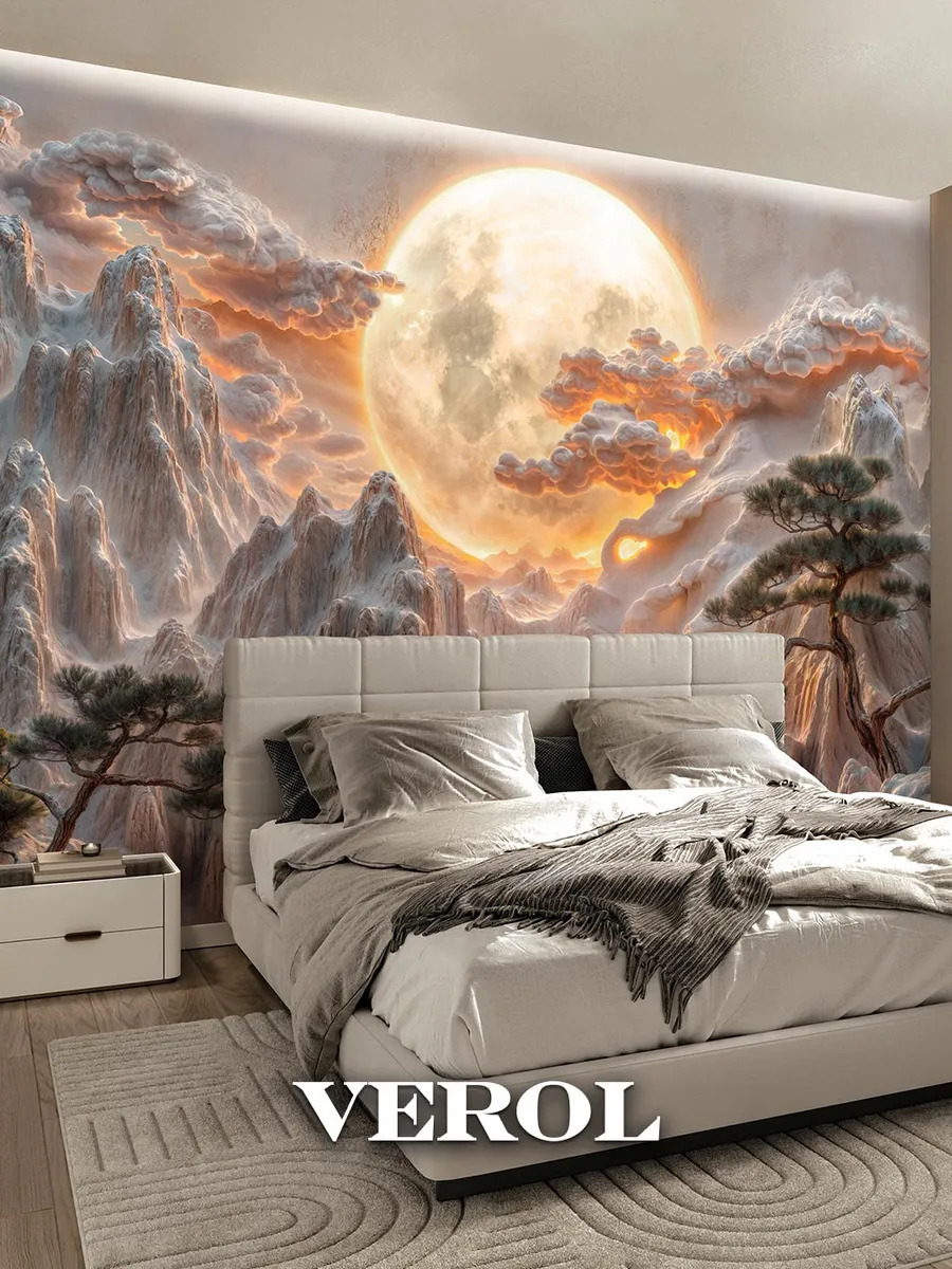 Флизелиновые фотообои "Барельеф. Пейзаж. Горы. Луна", 400*283 см, терракотовый