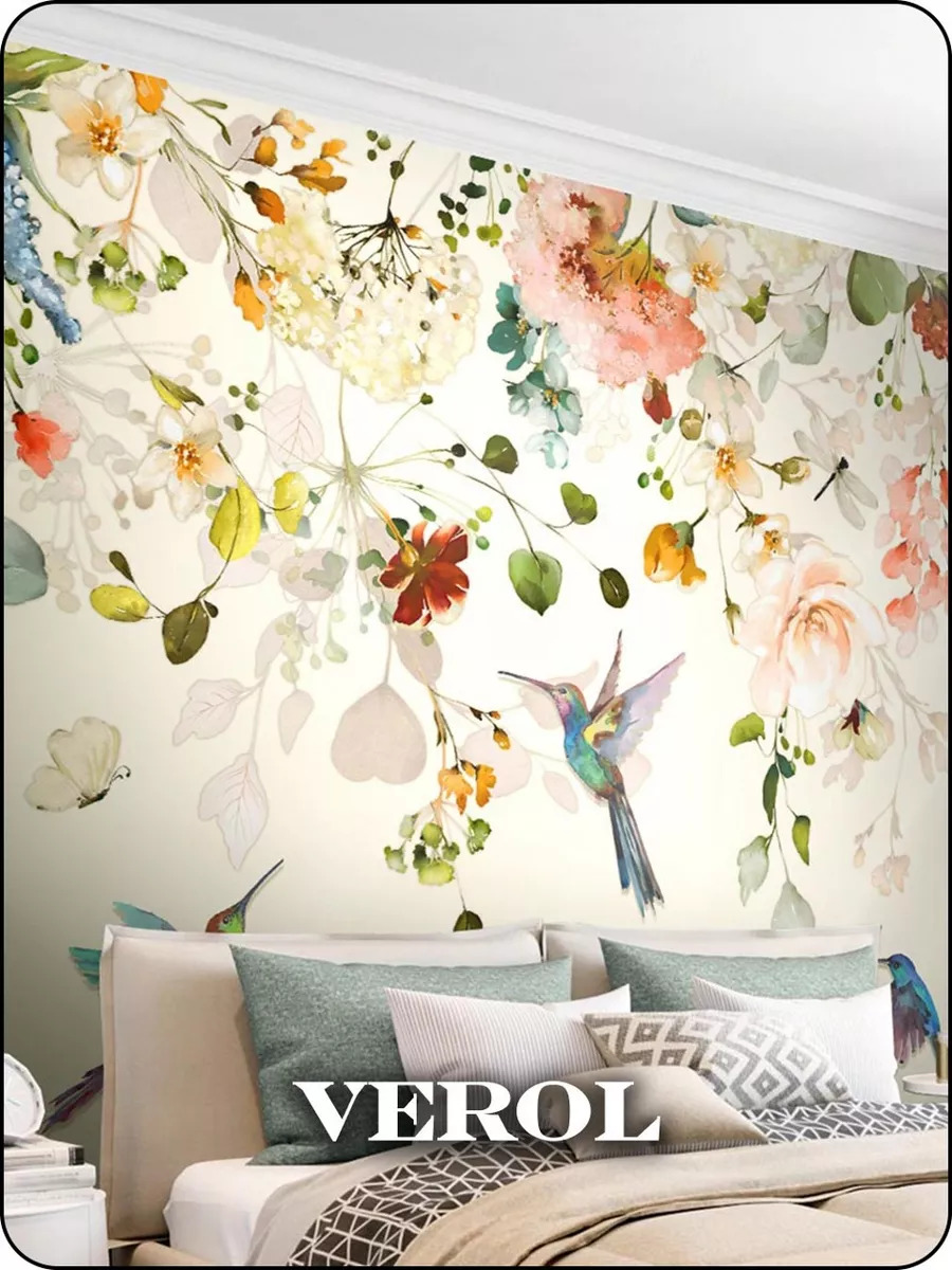 Флизелиновые фотообои "Акварель. Цветы. Колибри", 300*283 см, белый